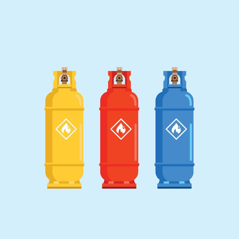 gas cylinder tanks in various colors, propane and butane lpg bottle containers, oxygen gas cylinder fuel logo illustration vector