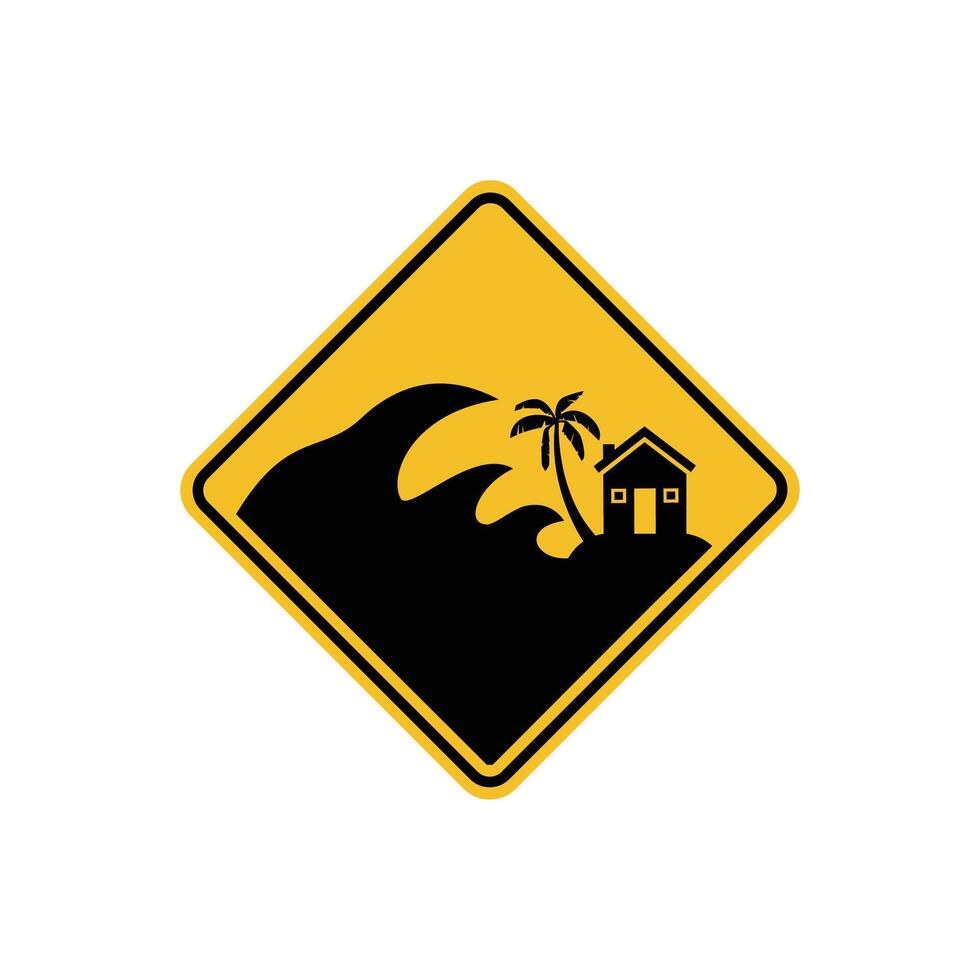 tsunami warning sign icon, danger of house in storm and waves - warning area on yellow rhombus board vector