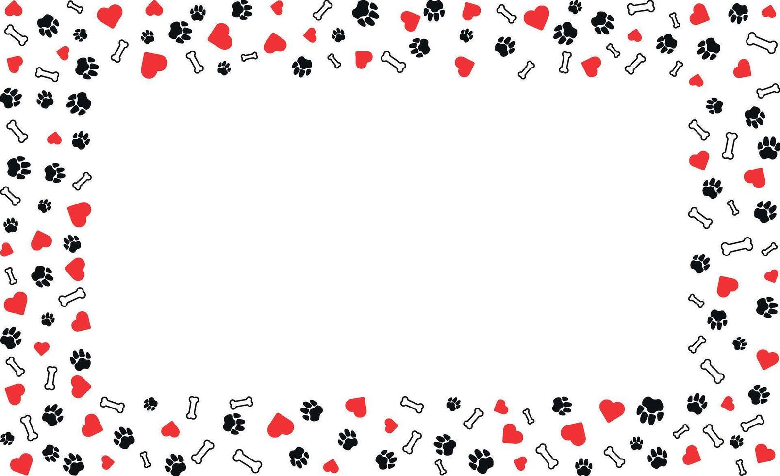 Rectangular frame with pet paw prints and bone and red heart with blank space for text. Black silhouette track of dog or cat paw prints. Pet paw prints frame for decorating shop windows, websites vector