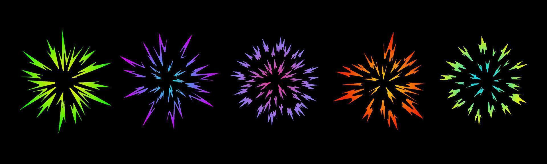 A stellar rainbow explosion in mango style. Big explosion of bomb, energy. Abstract holographic lenses, comic book style flashes. Anime. illustration on black background. vector