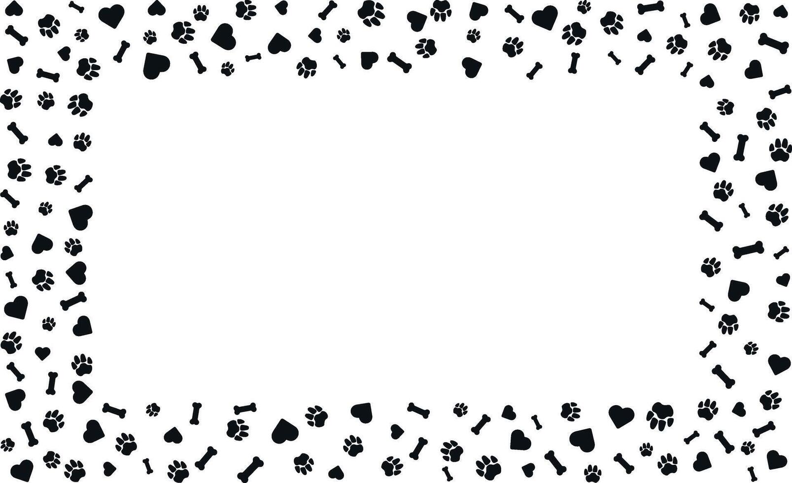 Rectangular frame with pet paw prints and bone and heart with blank space for text. Black silhouette track of dog or cat paw prints. Pet paw prints frame for decorating shop windows, websites. vector