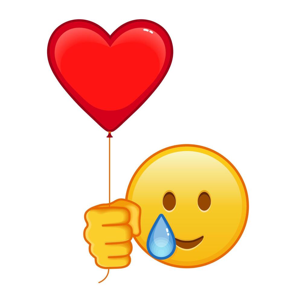 Happy yellow face with tears with red heart baloon vector