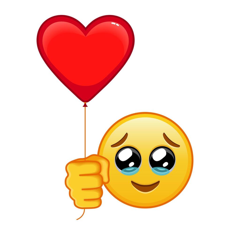 Happy face with tears with red heart baloon Large size of yellow emoji vector