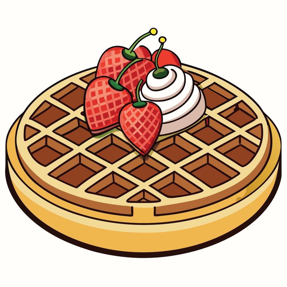 Delicious Golden Brown Waffle Topped with Fresh Strawberries and Creamy Whipped Cream vector