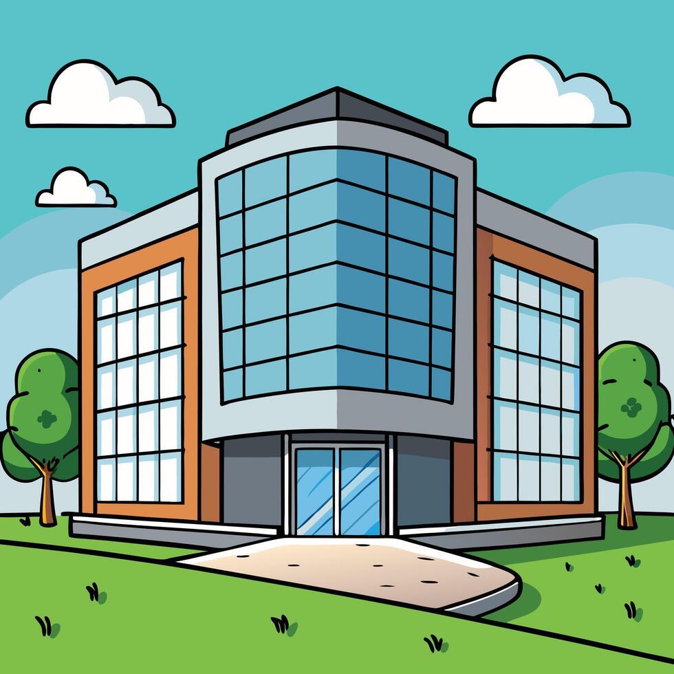 Modern Office Building with Large Windows and Green Landscaping vector