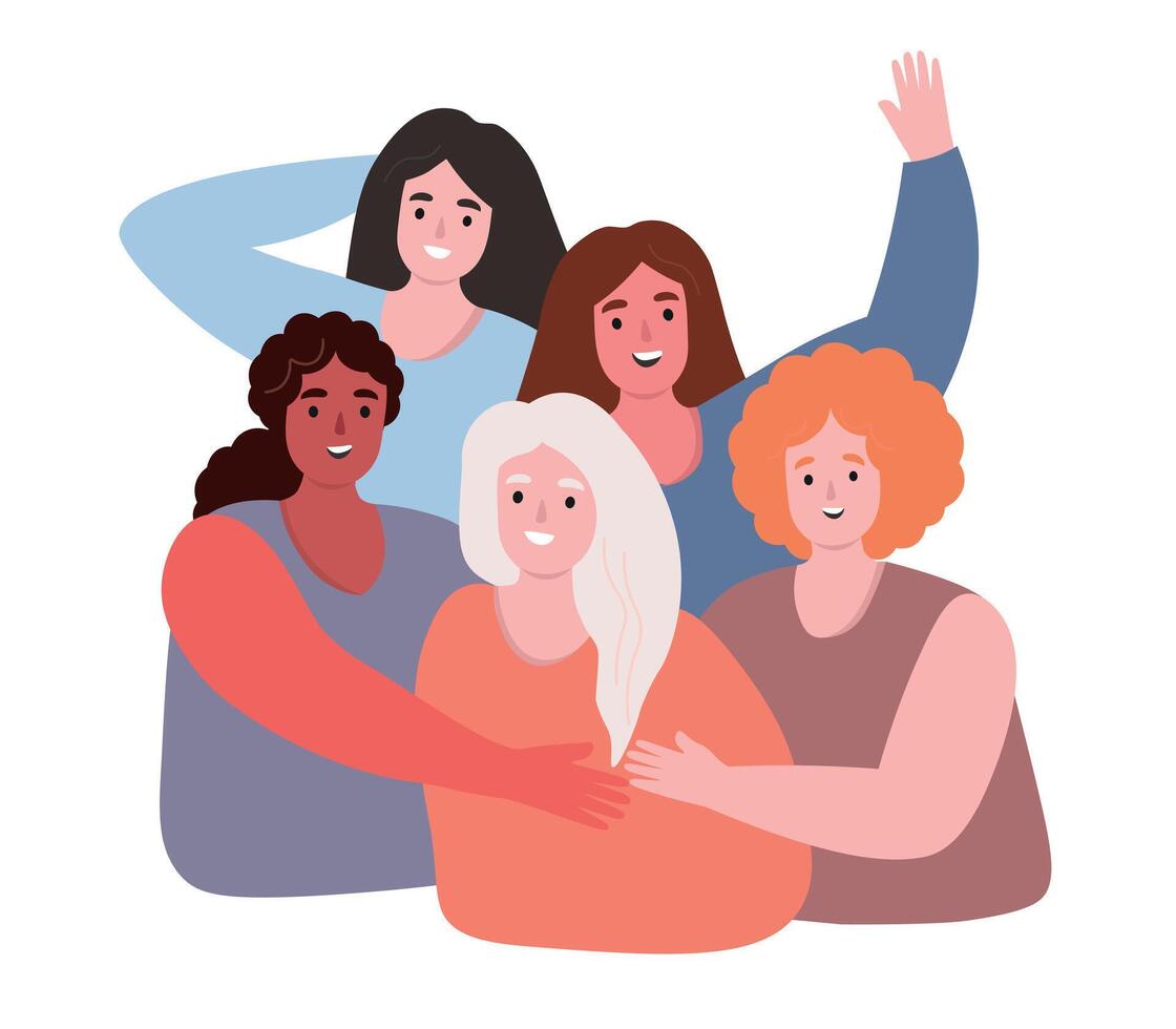 Women support each other together. Different girls are happy, cheerful. flat graphics. vector