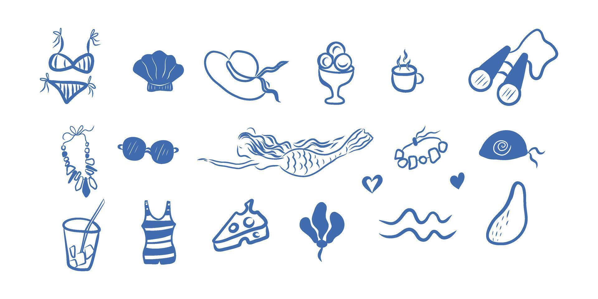 Blue summer set, hand drawn beach clip art, summer holidays clipart. Bikini, mermaid, ice cream, fruits, binoculars, hat, black glasses, cheese, necklace of stones vector