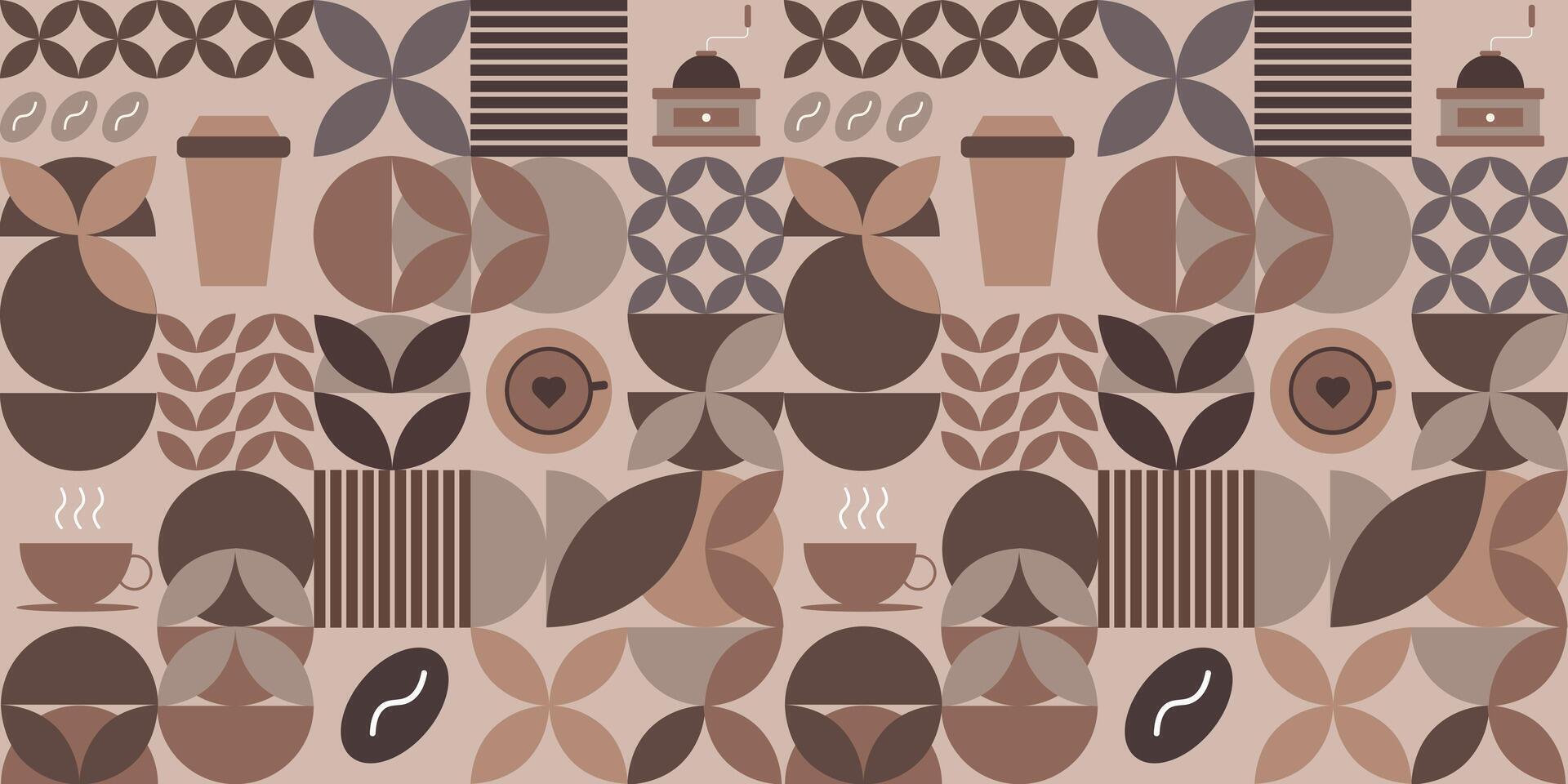 Geometric seamless pattern with coffee design. Modern abstract horizontal banner with coffee, coffee beans, coffee cup. vector