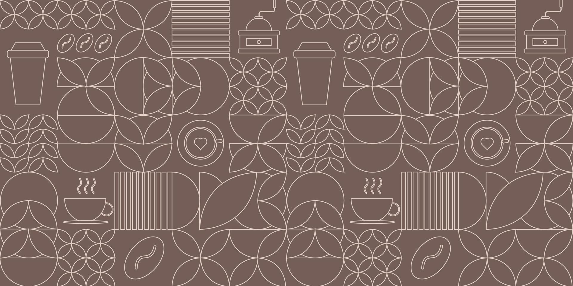 Elegant Coffee-Themed Outline Pattern with Geometric Elements. Can be used for design of cover, packaging, menu, background, cafe wall, coffee shop, banners. vector