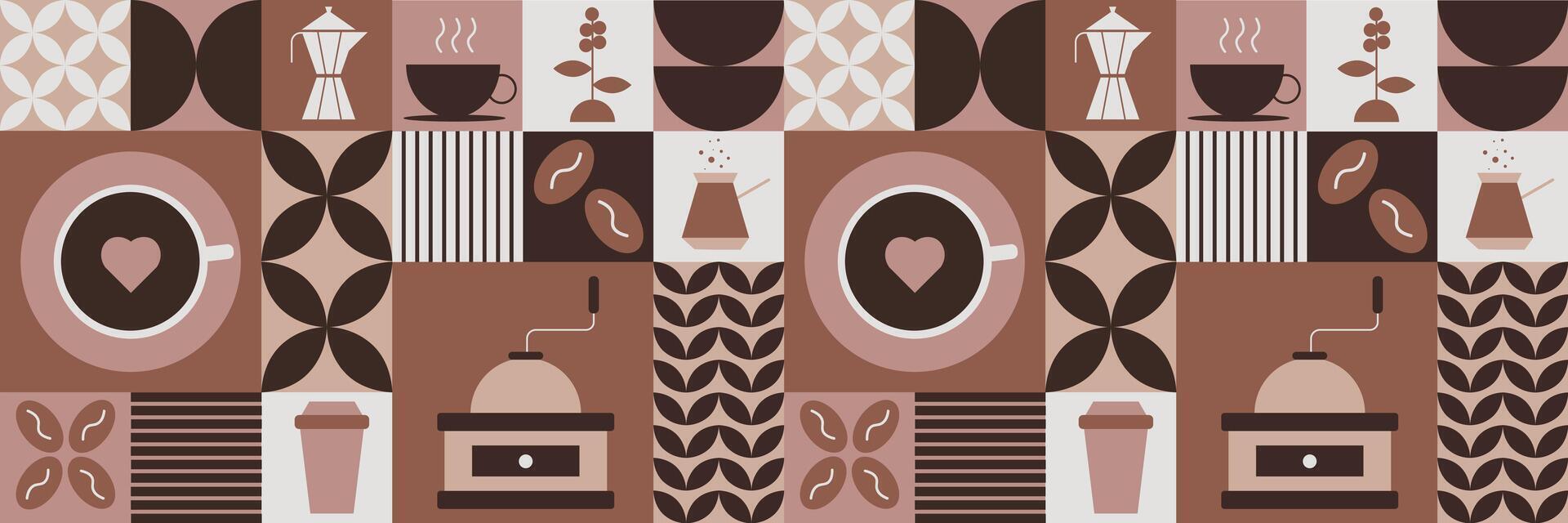 Modern geometric pattern on the theme of coffee with traditional symbols such as coffee cup, coffee beans, turk, decorative elements. vector