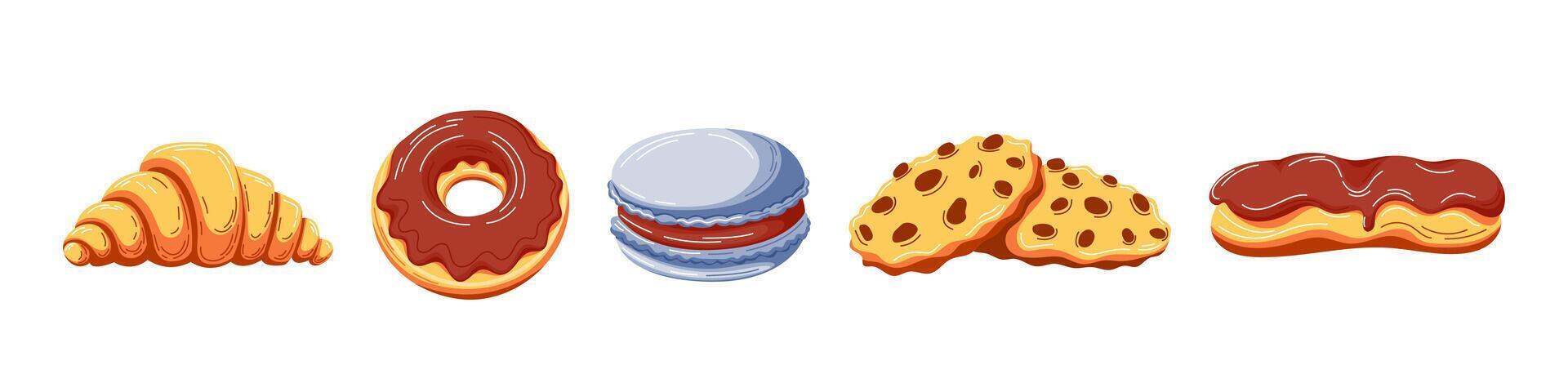 Set of sweet desserts and bakery products. French croissant, chocolate donut, macaron, oatmeal cookies, eclair. Illustration of sweets, cartoon flat style, isolated on white background vector