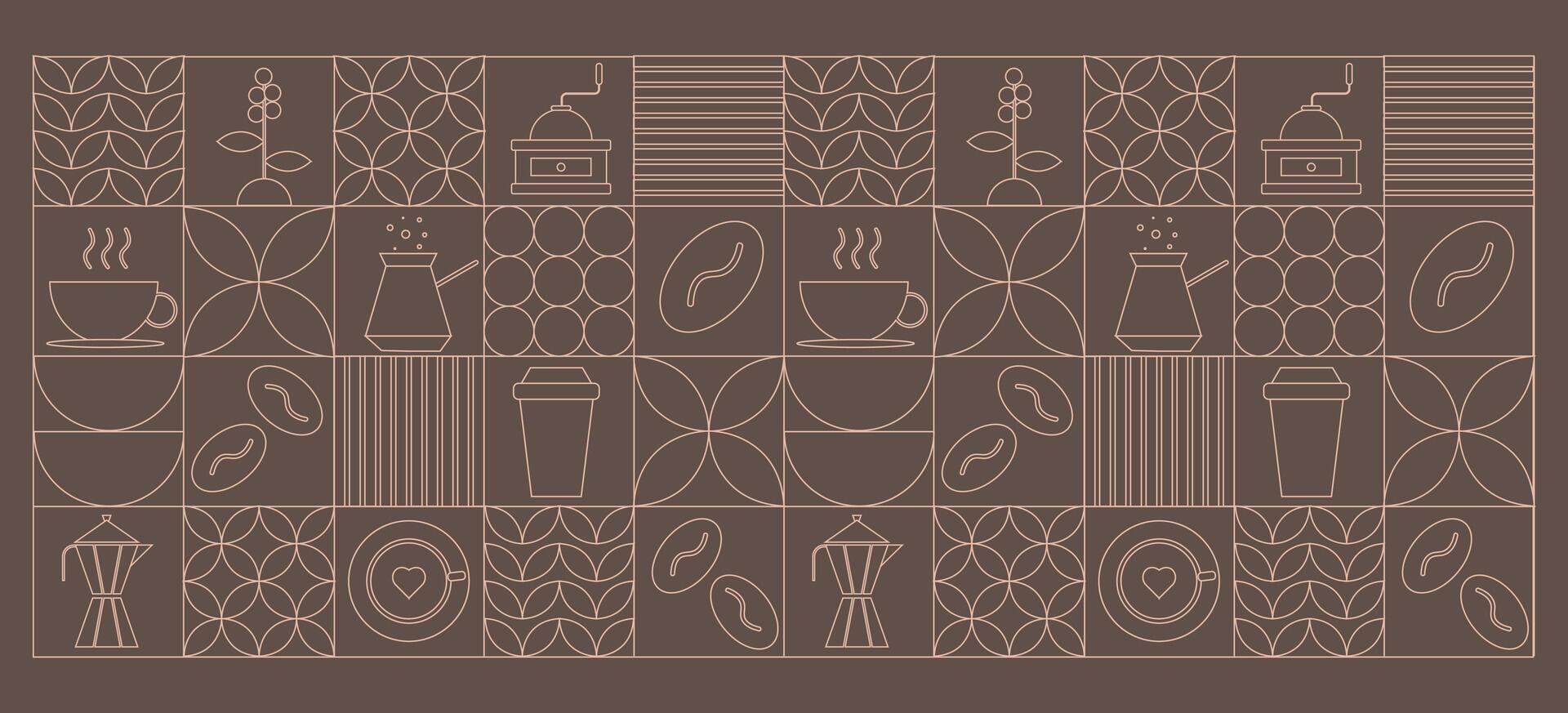 A detailed pattern showcases different coffee brewing methods, cups, and beans arranged in a stylish layout against a warm background, highlighting coffee culture and design. vector
