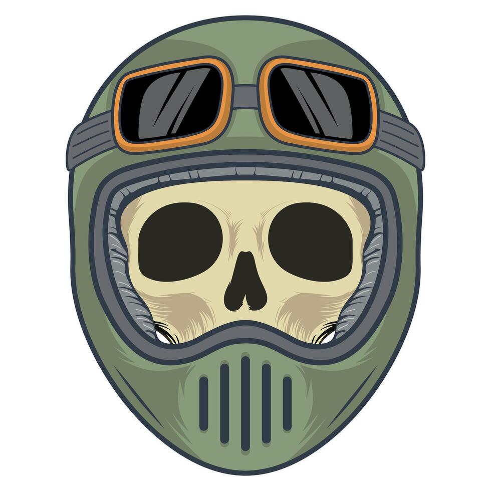 Human skull in green racing helmet with glasses front view isolated on white background vector