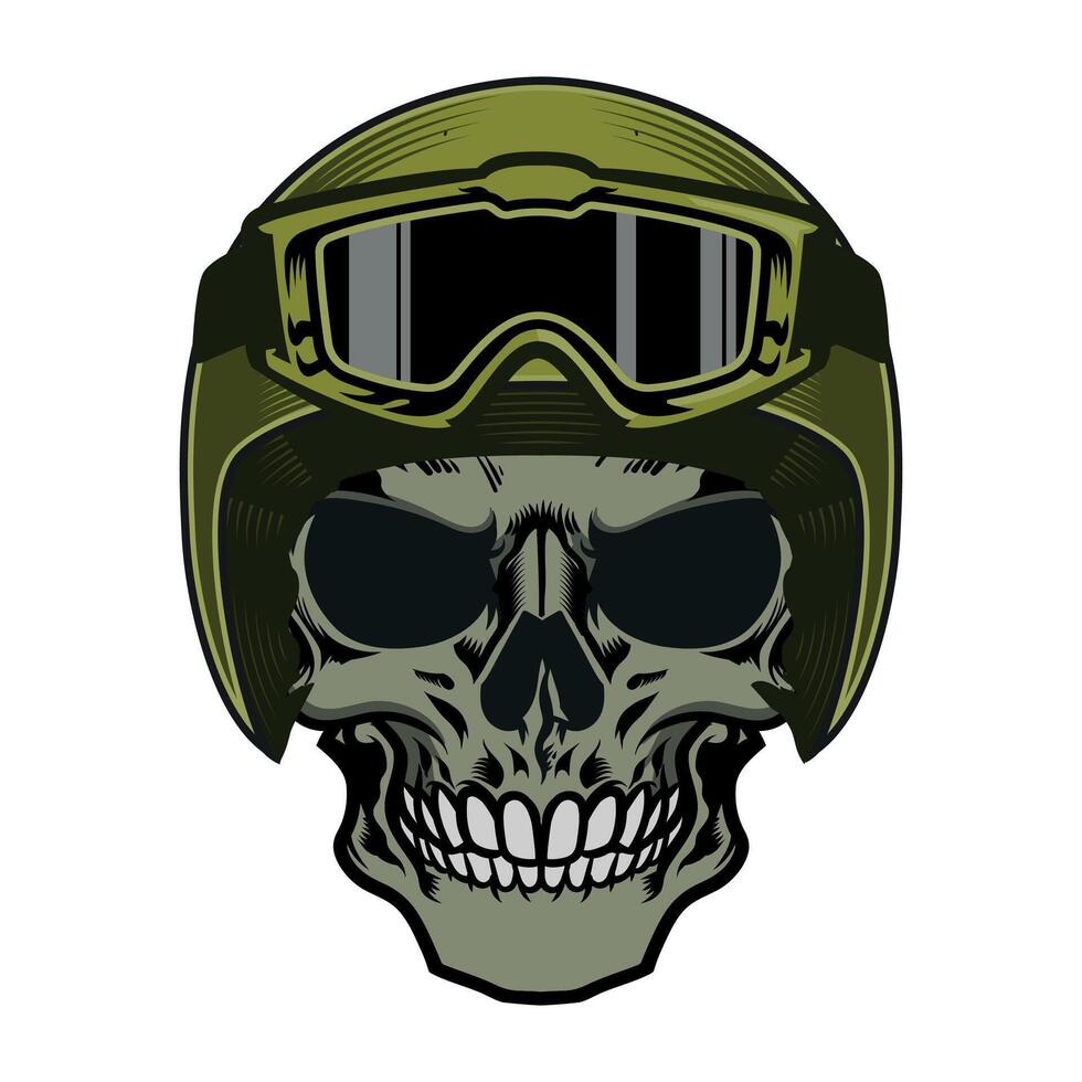 skull in green army helmet with glasses front view on white background vector