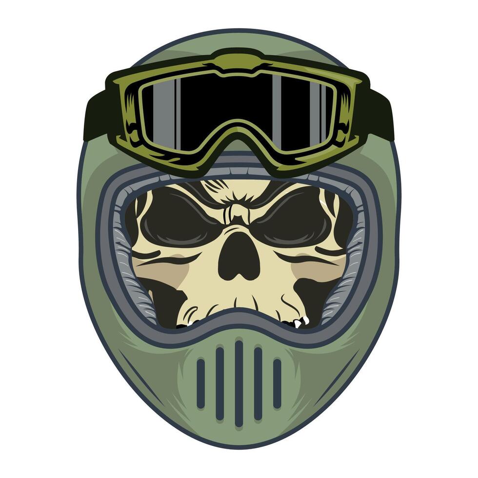 Human skull in green helmet with glasses on white background vector