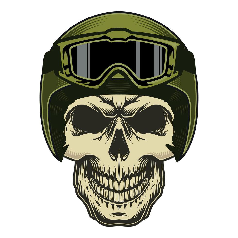 skull in green helmet with glasses front view on white background vector