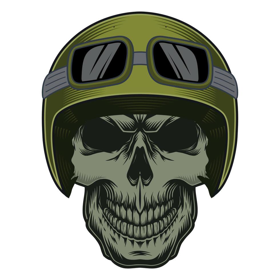 Human skull in green helmet with glasses front view vector