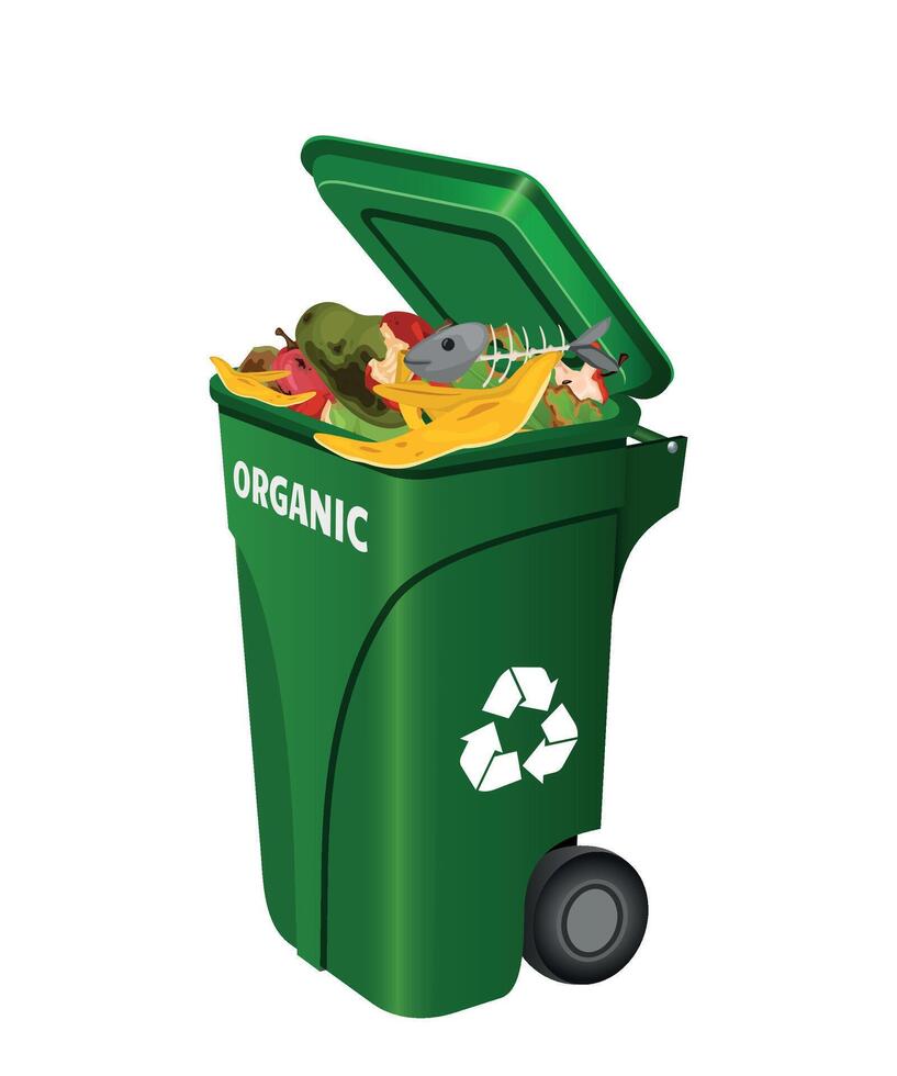 trash container for organic waste with garbage lid green color on white background vector