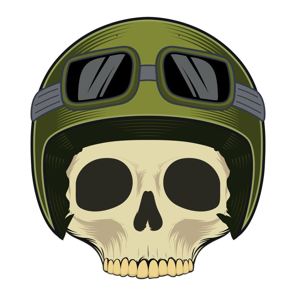 Human skull in green helmet with glasses front view isolated vector