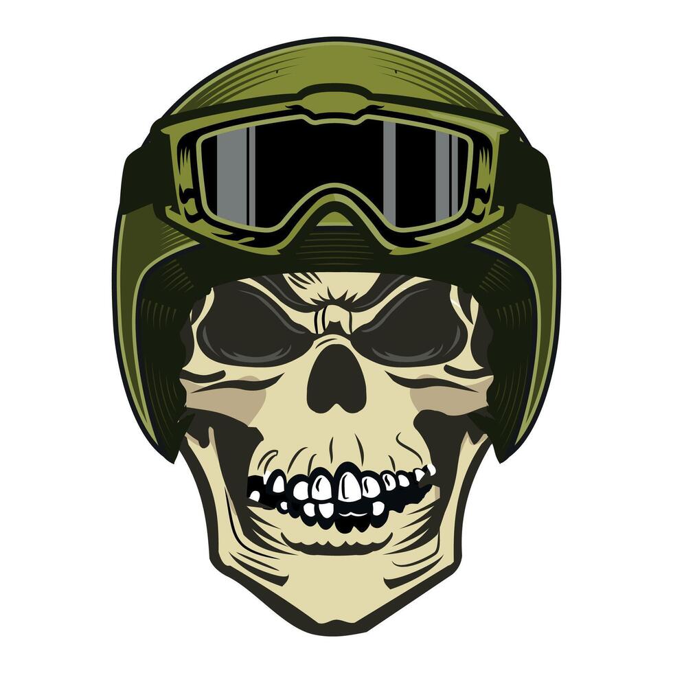 Human skull in green helmet with glasses front view on white background vector