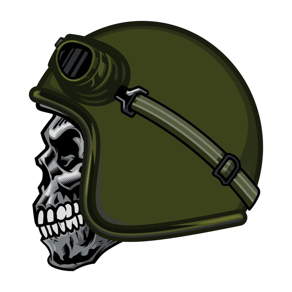 Human skull in green racing helmet with glasses side view on white background vector