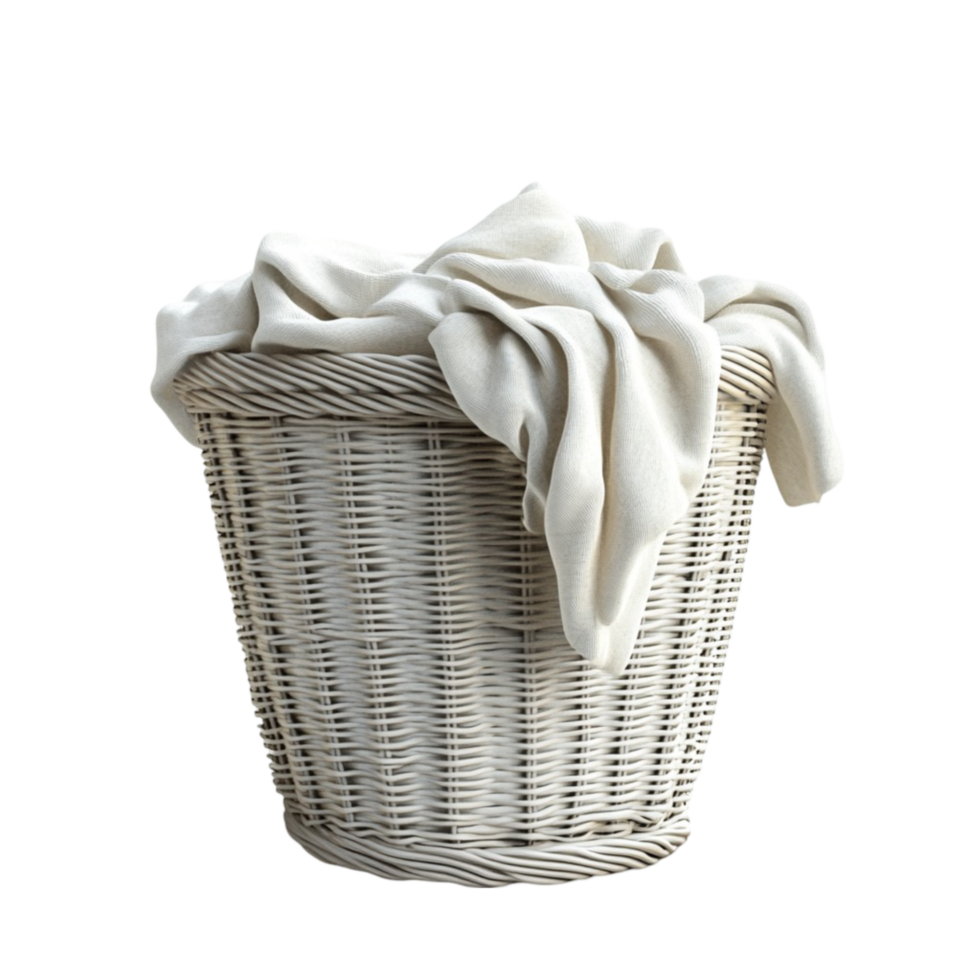 Wicker Laundry Basket with White Clothes png