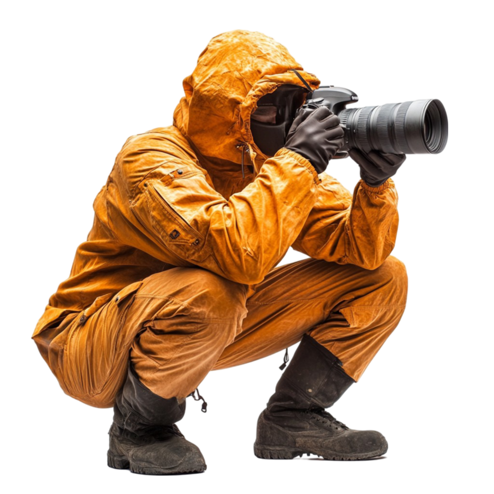 Man in Orange Rain Suit Crouching and Taking Photo png