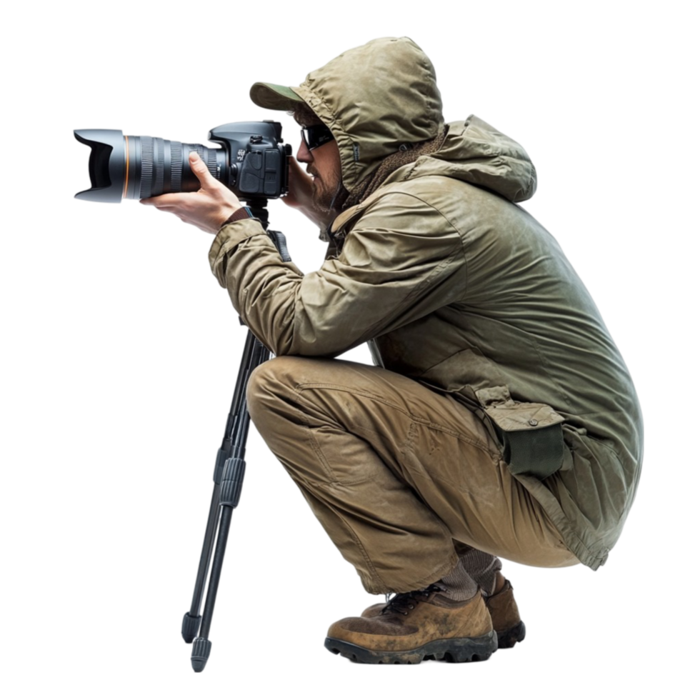Crouching Photographer in Outdoor Gear Using a Camera on Tripod png