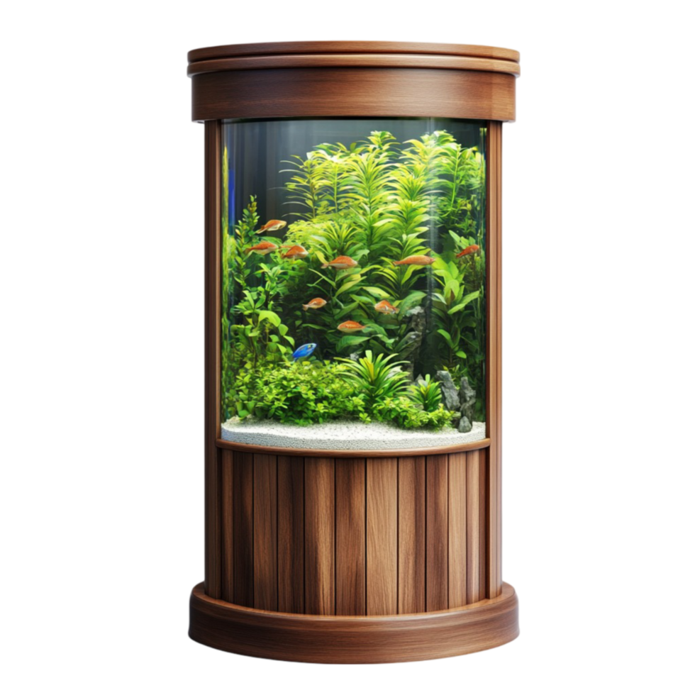 Round Aquarium with Fish and Plants on Wooden Base png
