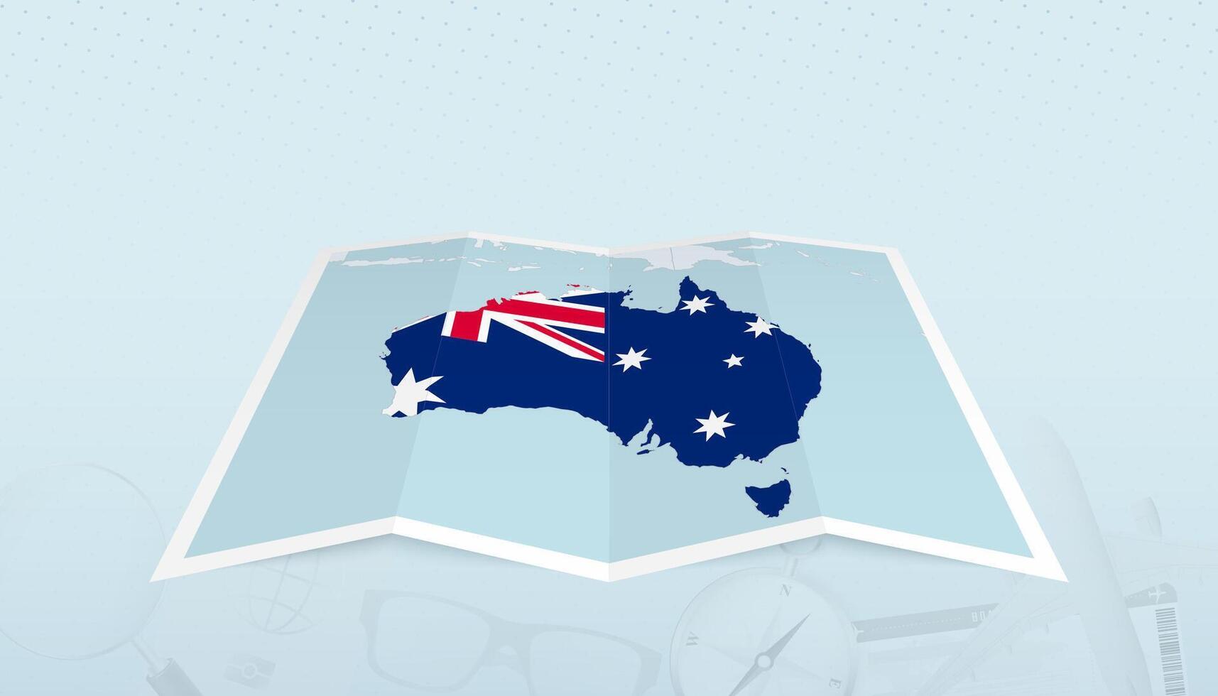 Map of Australia with the flag of Australia in the contour of the map on a trip abstract backdrop. vector