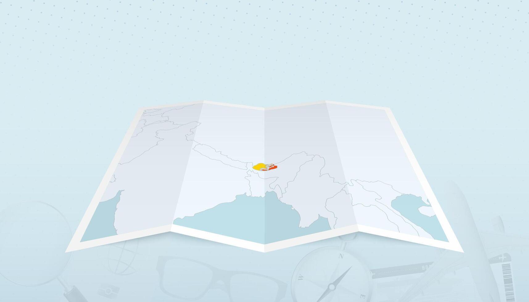 Map of Bhutan with the flag of Bhutan in the contour of the map on a trip abstract backdrop. vector