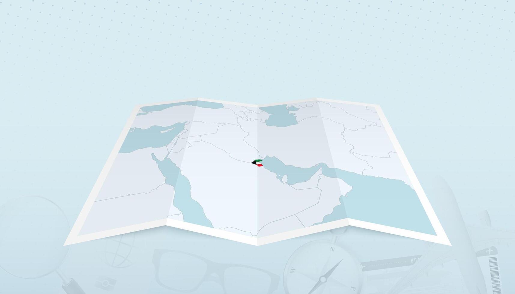Map of Kuwait with the flag of Kuwait in the contour of the map on a trip abstract backdrop. vector