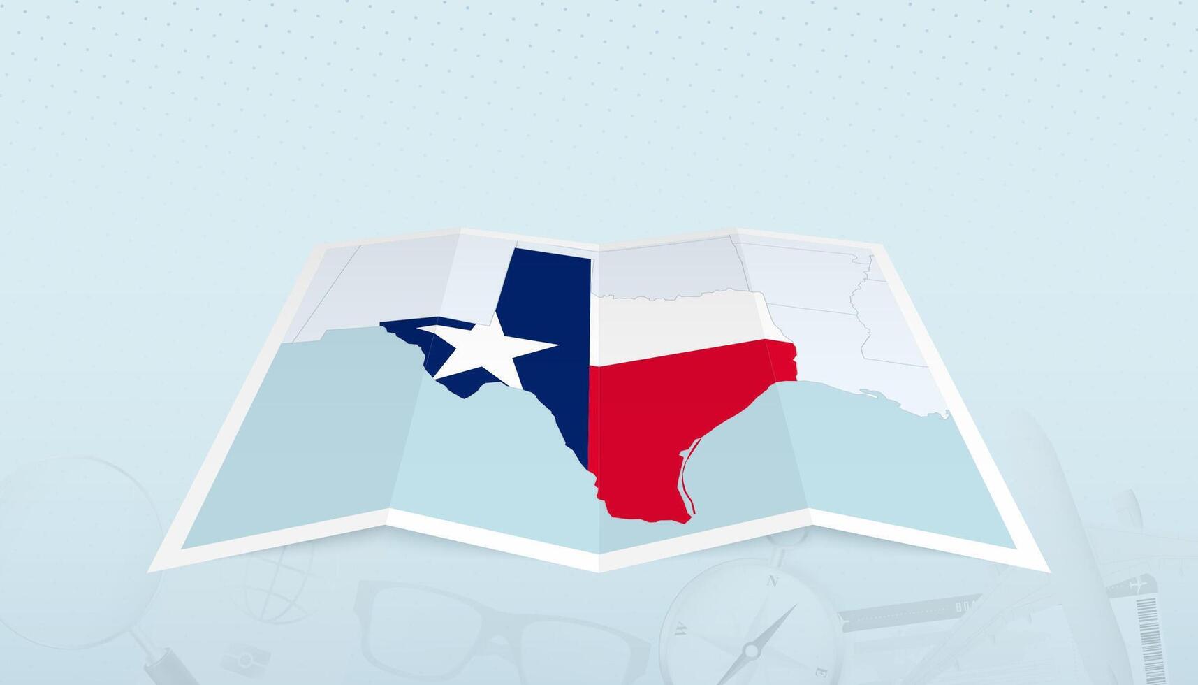 Map of Texas with the flag of Texas in the contour of the map on a trip abstract backdrop. vector