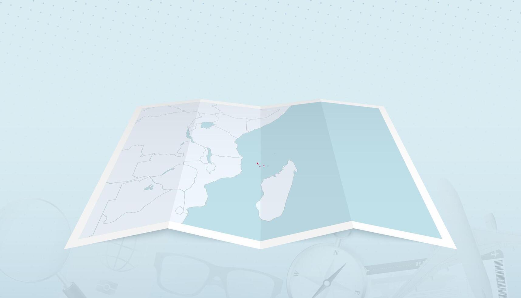 Map of Comoros with the flag of Comoros in the contour of the map on a trip abstract backdrop. vector