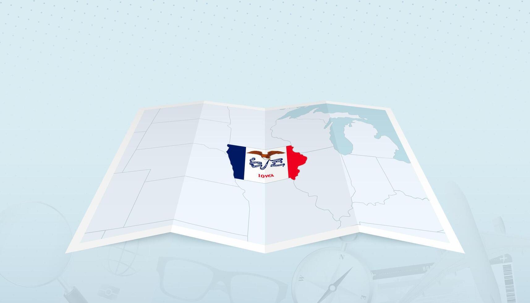 Map of Iowa with the flag of Iowa in the contour of the map on a trip abstract backdrop. vector