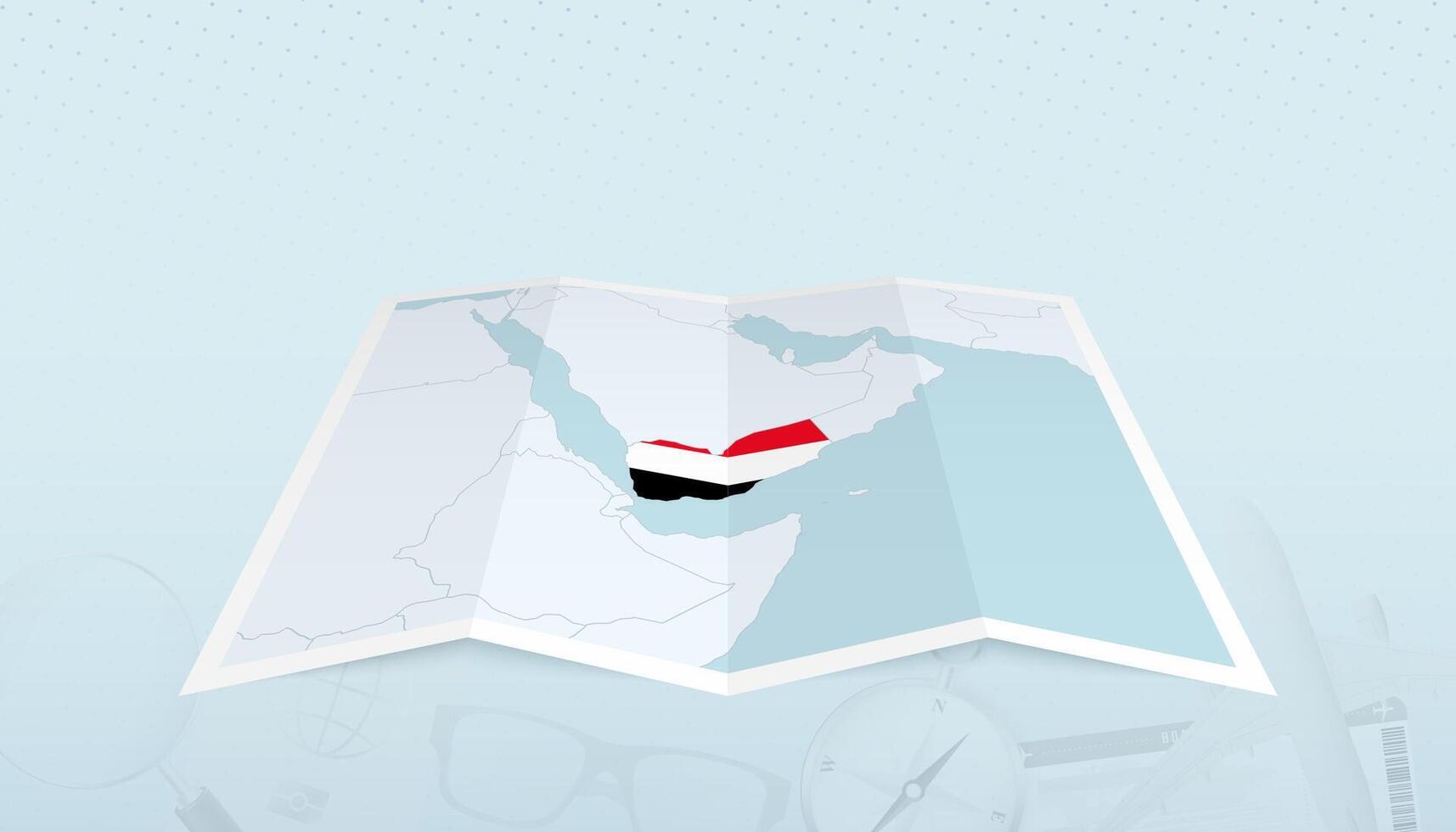 Map of Yemen with the flag of Yemen in the contour of the map on a trip abstract backdrop. vector