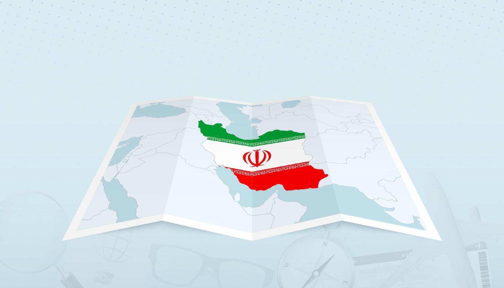Map of Iran with the flag of Iran in the contour of the map on a trip abstract backdrop. vector