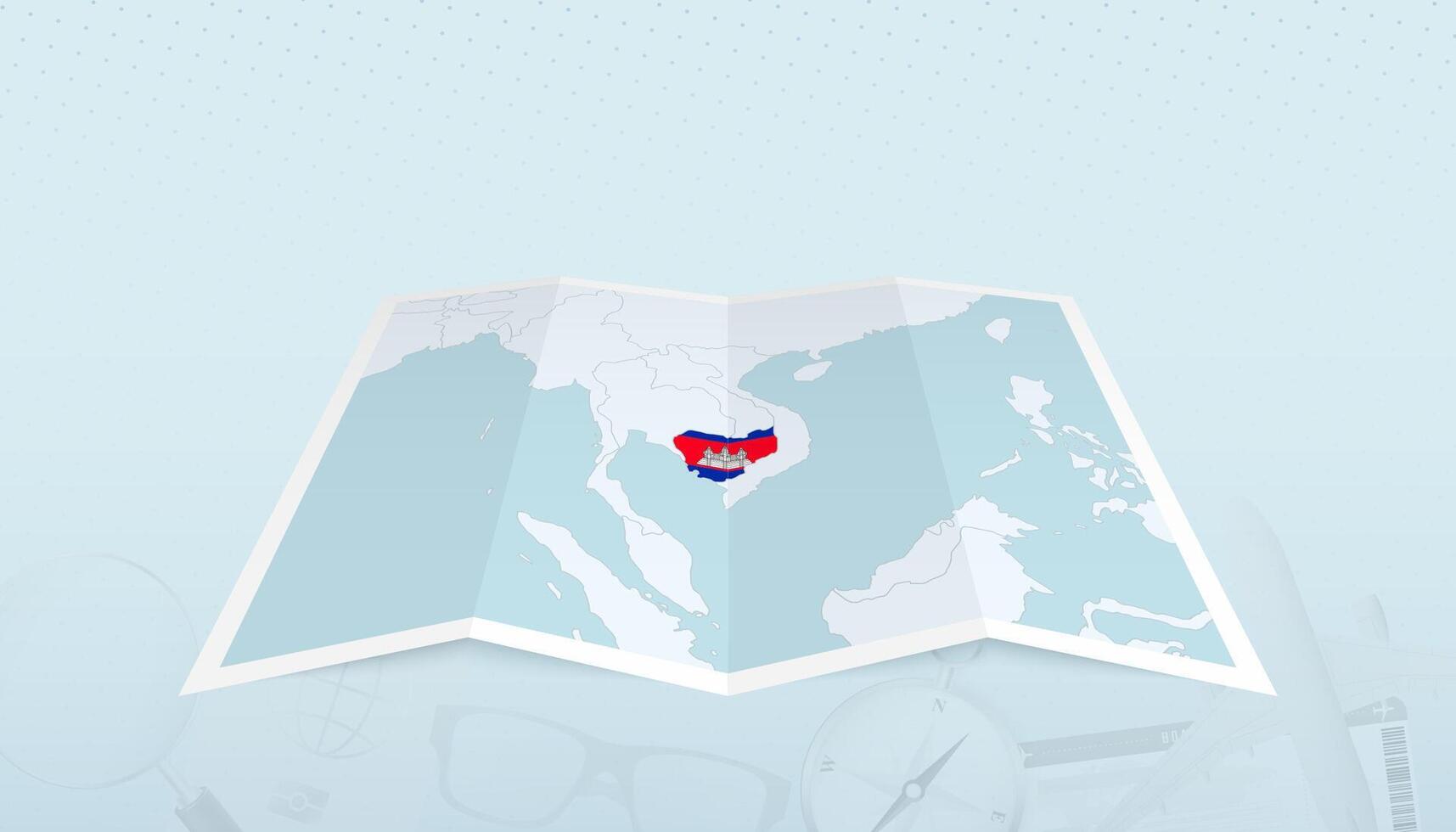 Map of Cambodia with the flag of Cambodia in the contour of the map on a trip abstract backdrop. vector