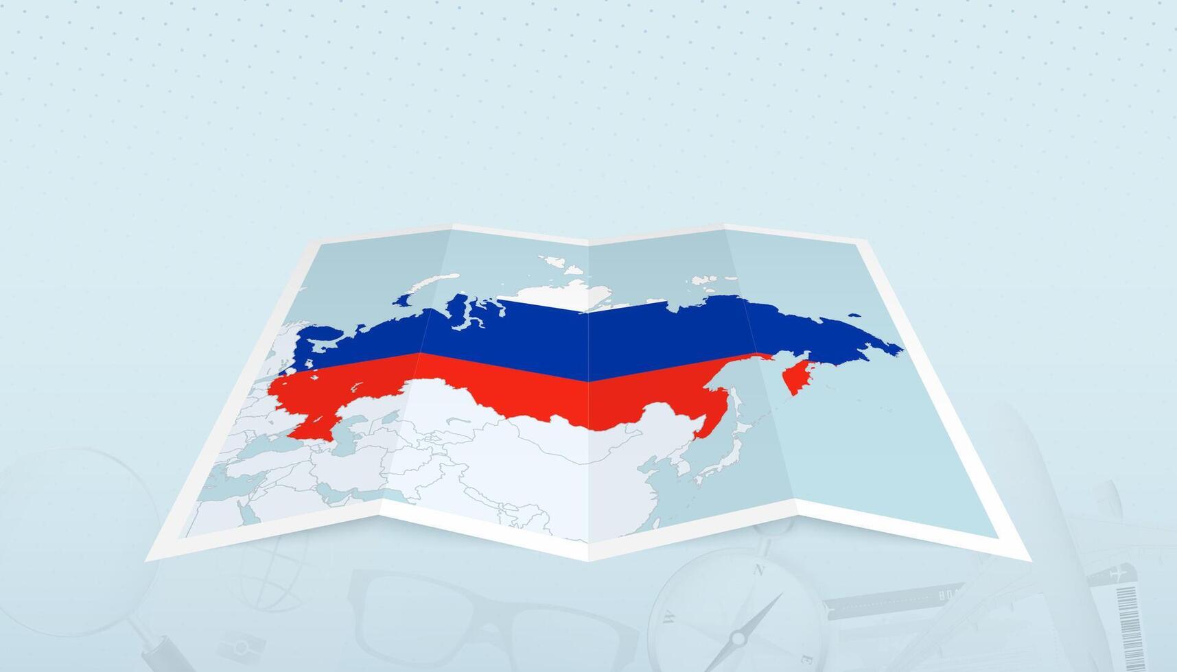 Map of Russia with the flag of Russia in the contour of the map on a trip abstract backdrop. vector