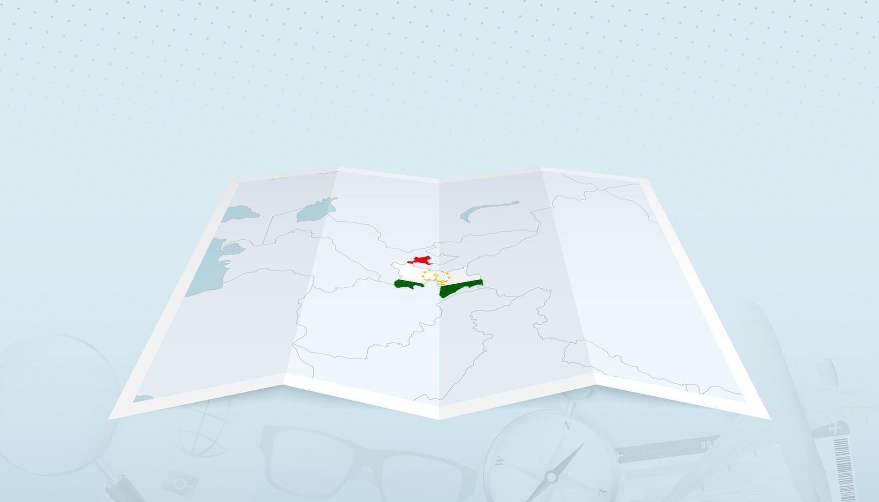 Map of Tajikistan with the flag of Tajikistan in the contour of the map on a trip abstract backdrop. vector