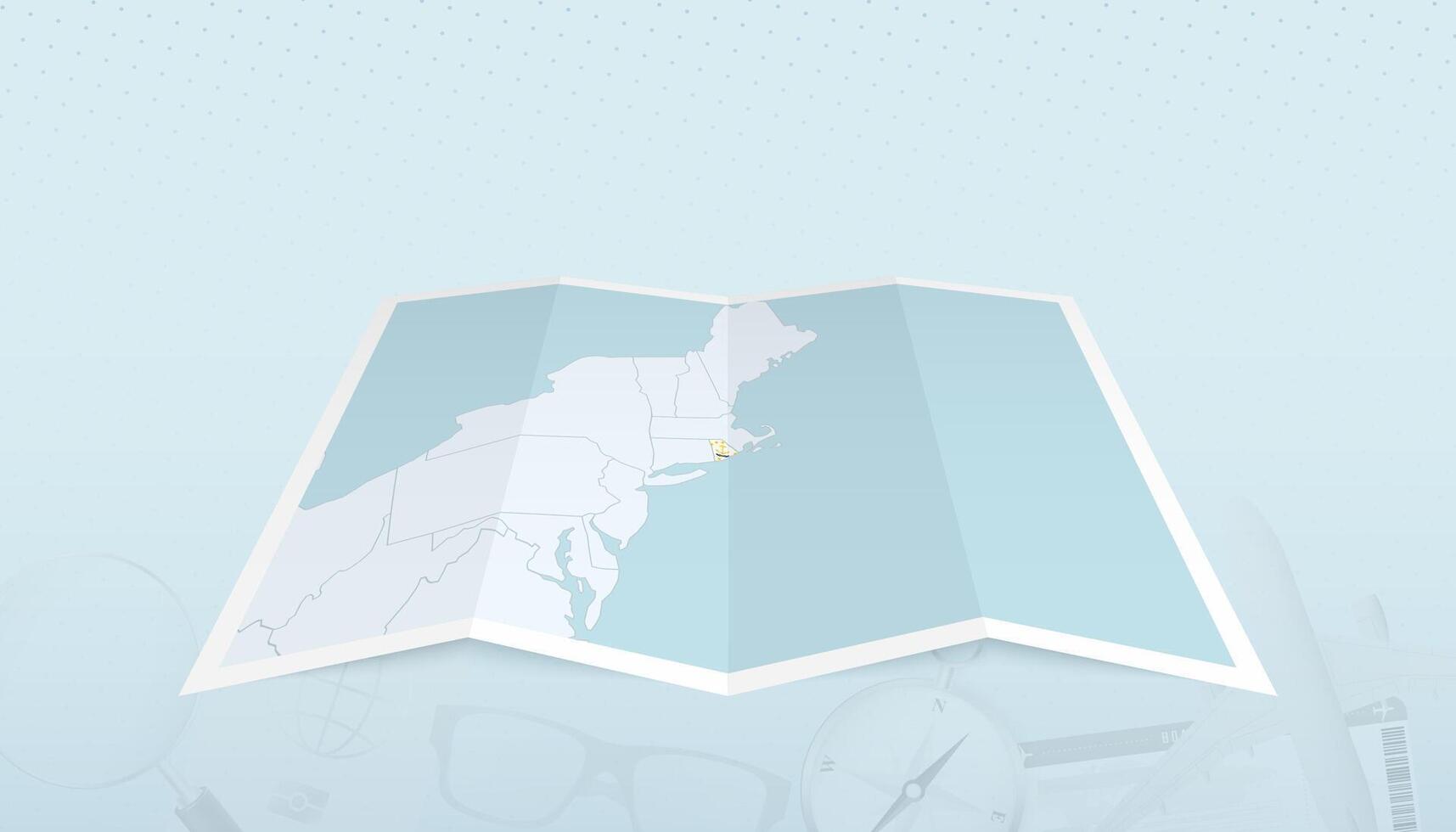 Map of Rhode Island with the flag of Rhode Island in the contour of the map on a trip abstract backdrop. vector