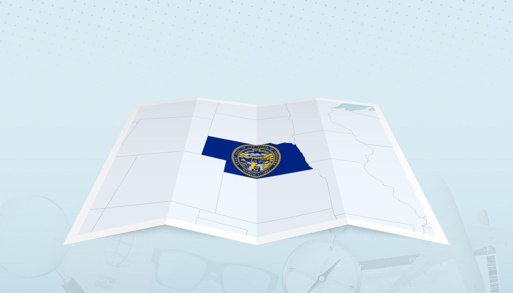 Map of Nebraska with the flag of Nebraska in the contour of the map on a trip abstract backdrop. vector
