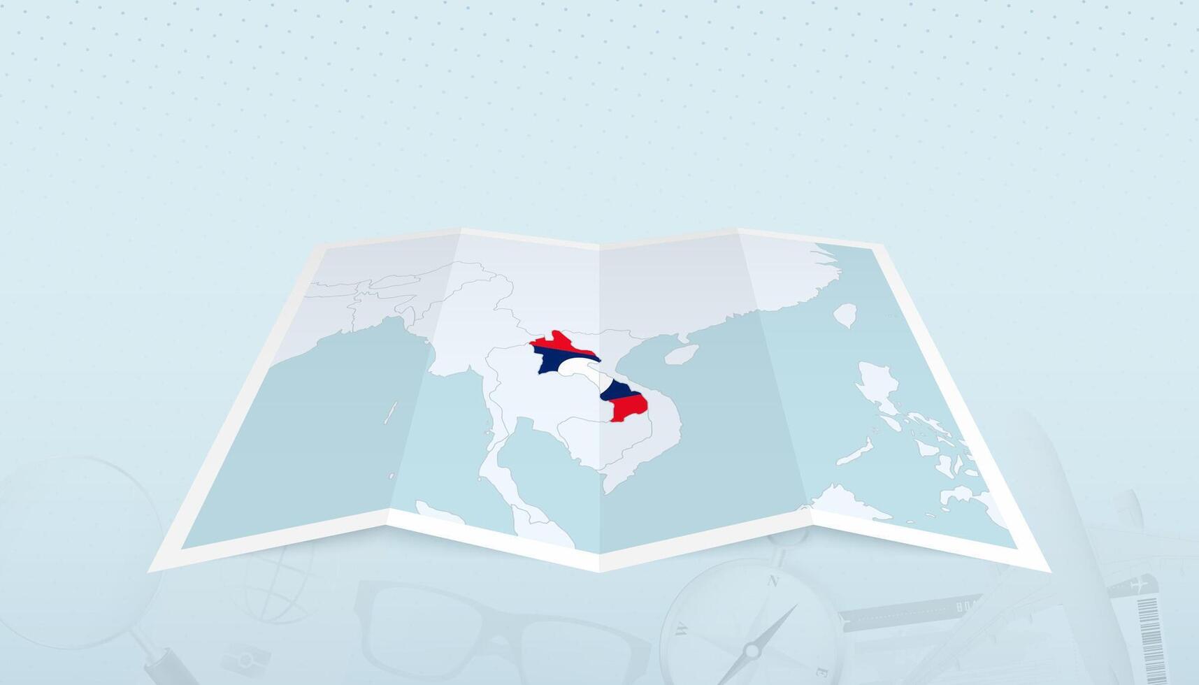 Map of Laos with the flag of Laos in the contour of the map on a trip abstract backdrop. vector