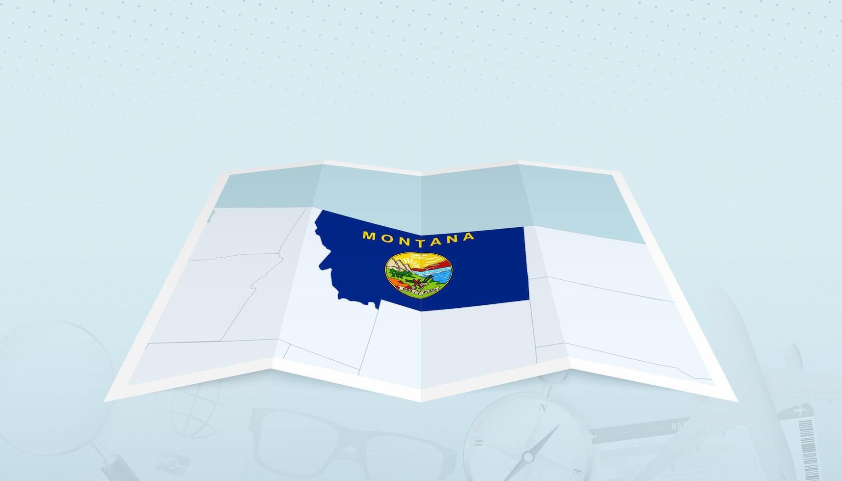 Map of Montana with the flag of Montana in the contour of the map on a trip abstract backdrop. vector