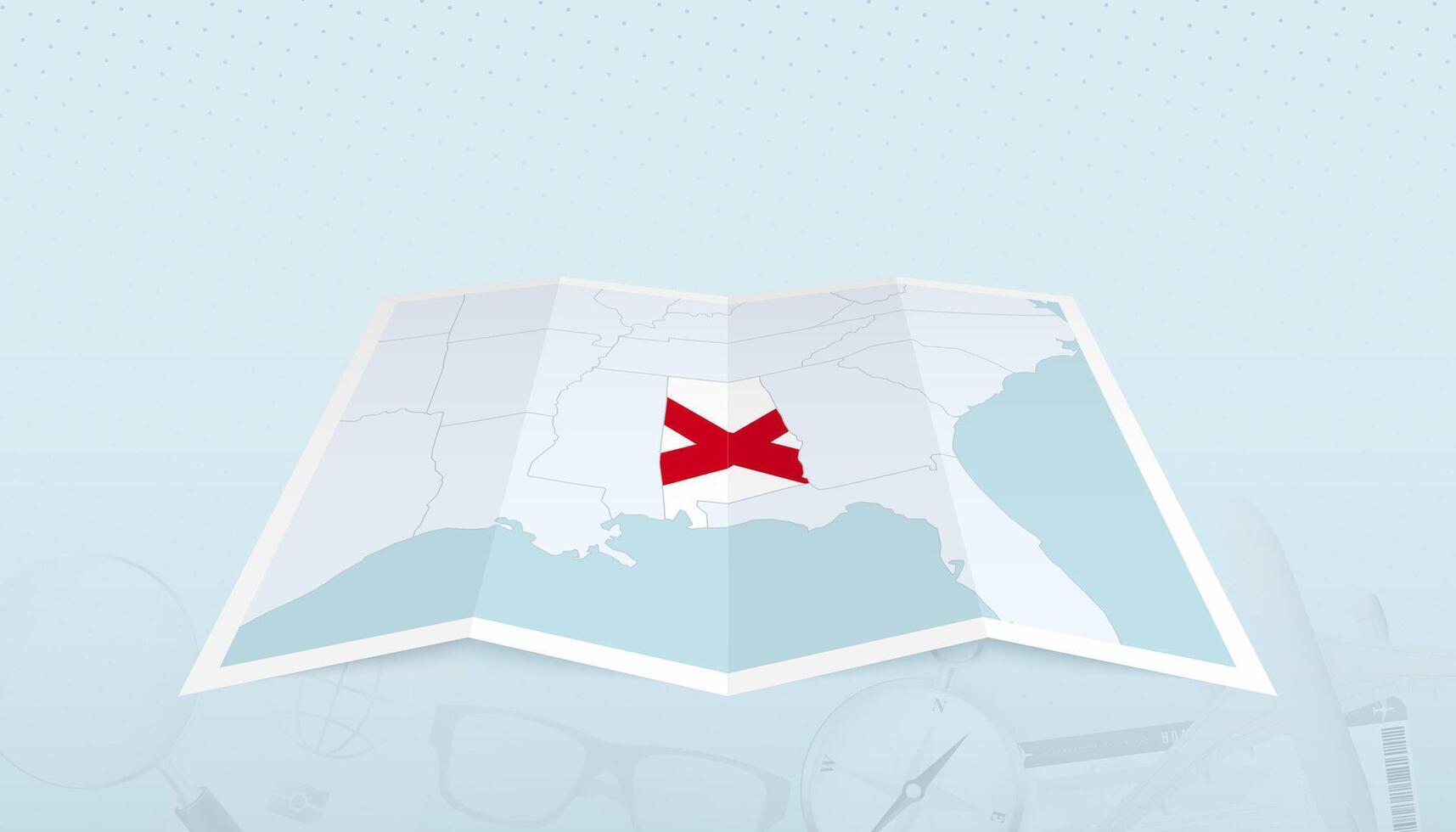Map of Alabama with the flag of Alabama in the contour of the map on a trip abstract backdrop. vector