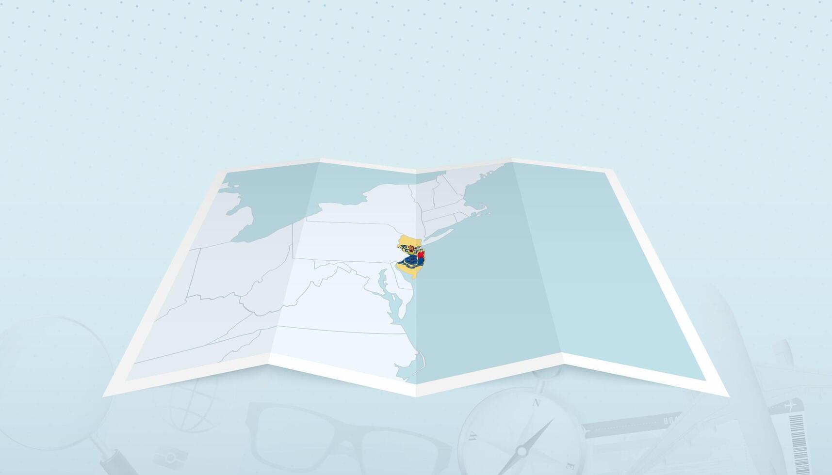 Map of New Jersey with the flag of New Jersey in the contour of the map on a trip abstract backdrop. vector