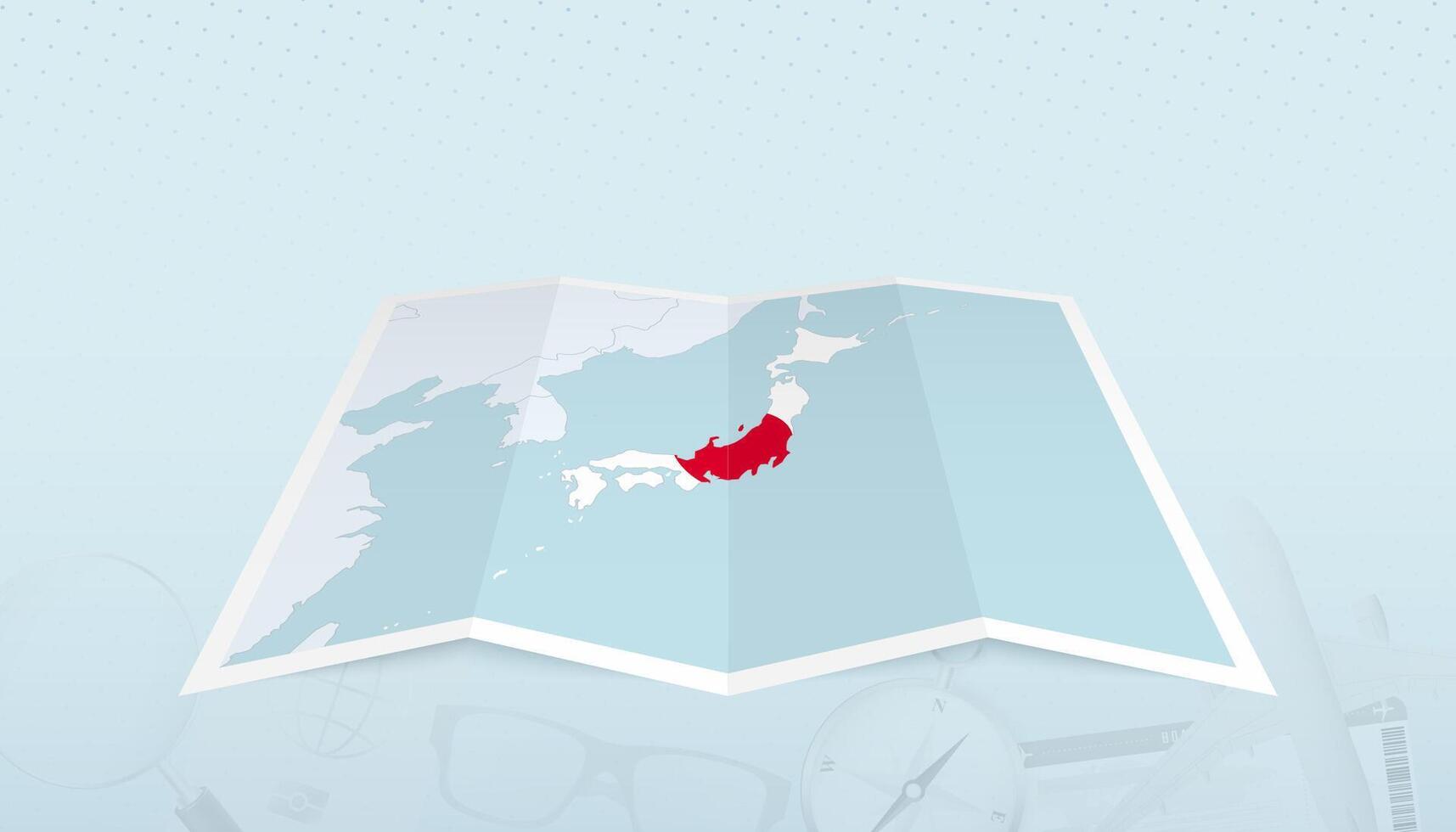 Map of Japan with the flag of Japan in the contour of the map on a trip abstract backdrop. vector