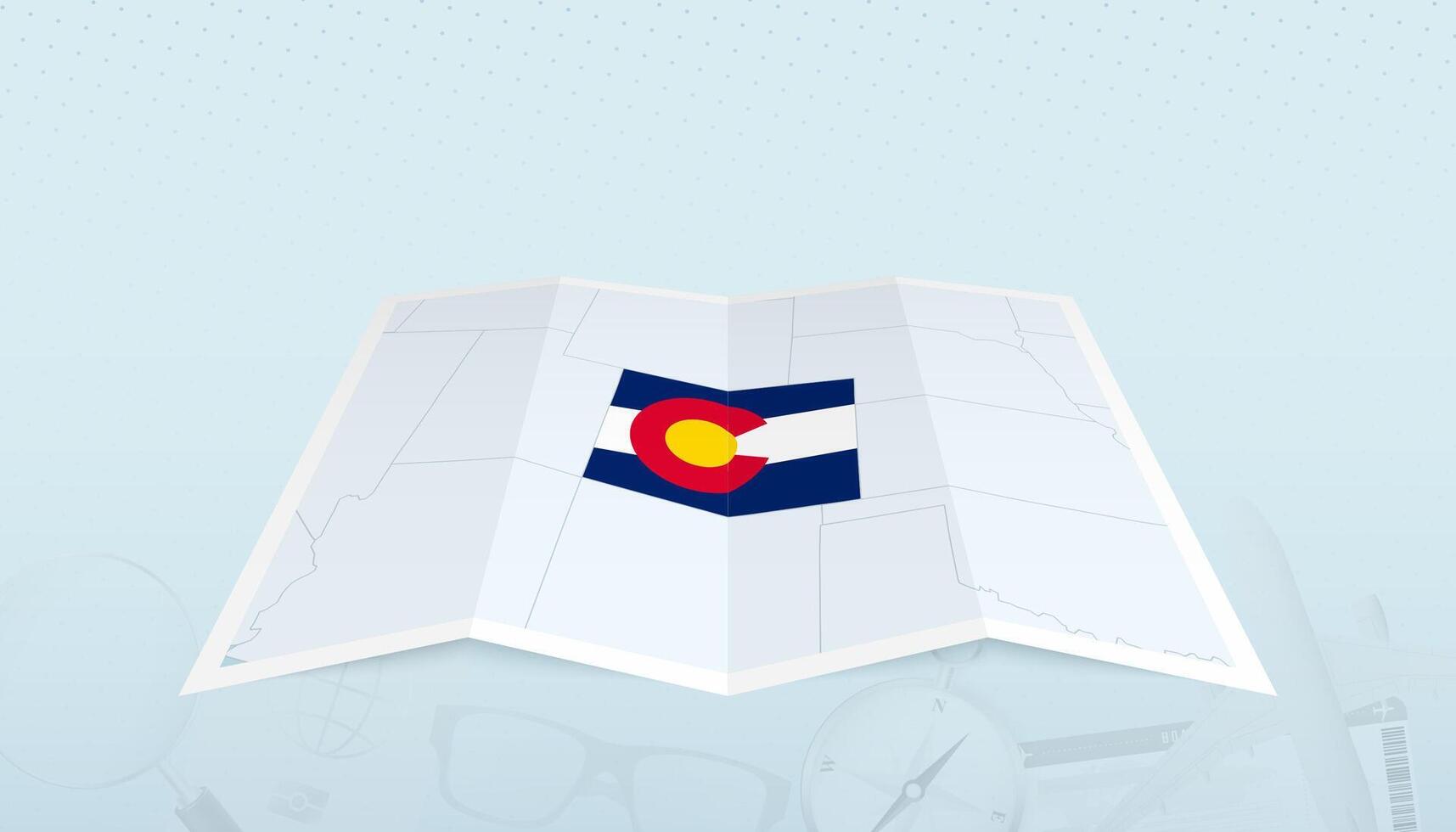 Map of Colorado with the flag of Colorado in the contour of the map on a trip abstract backdrop. vector