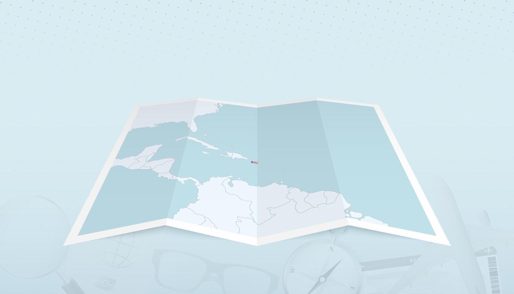 Map of Puerto Rico with the flag of Puerto Rico in the contour of the map on a trip abstract backdrop. vector