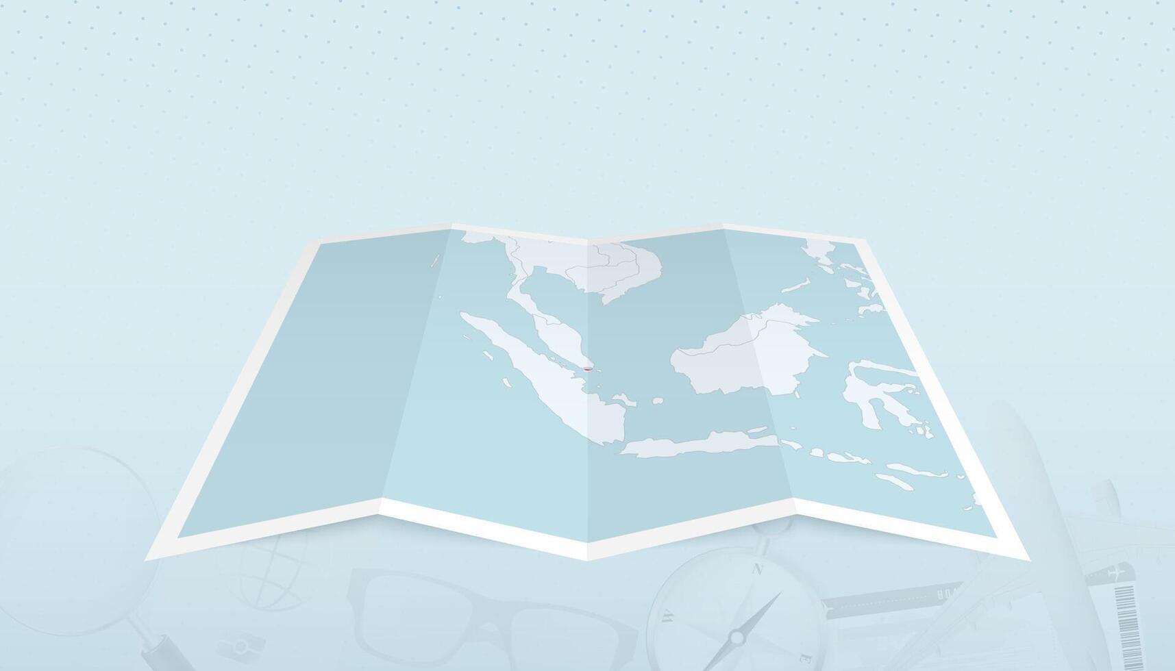 Map of Singapore with the flag of Singapore in the contour of the map on a trip abstract backdrop. vector